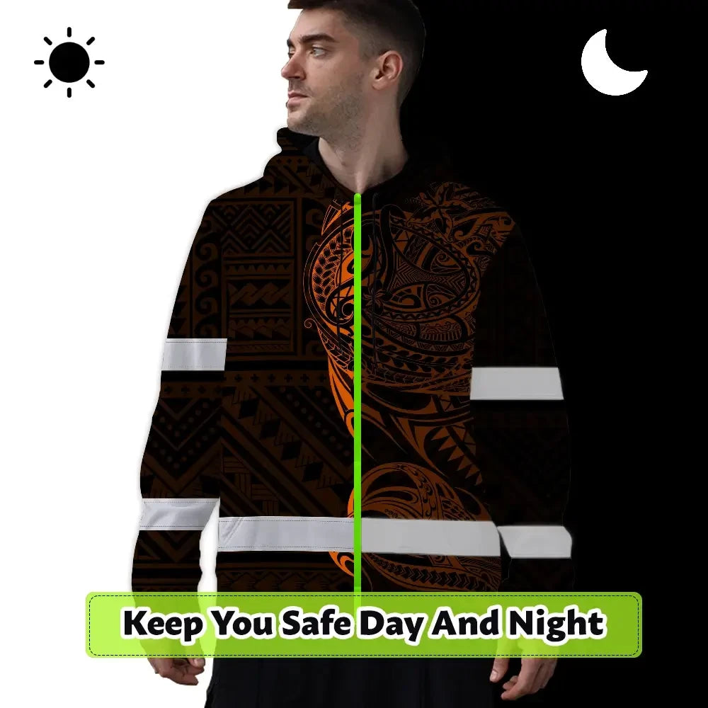 Hi Vis Hoodie Reflective Tapes Orange Neon Hawaiian Polynesian Tribal Custom Name Safety Workwear For Workers, Truckers, Operators