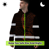 Hi Vis Hoodie Reflective Tapes Orange Neon Hawaiian Polynesian Tribal Custom Name Safety Workwear For Workers, Truckers, Operators