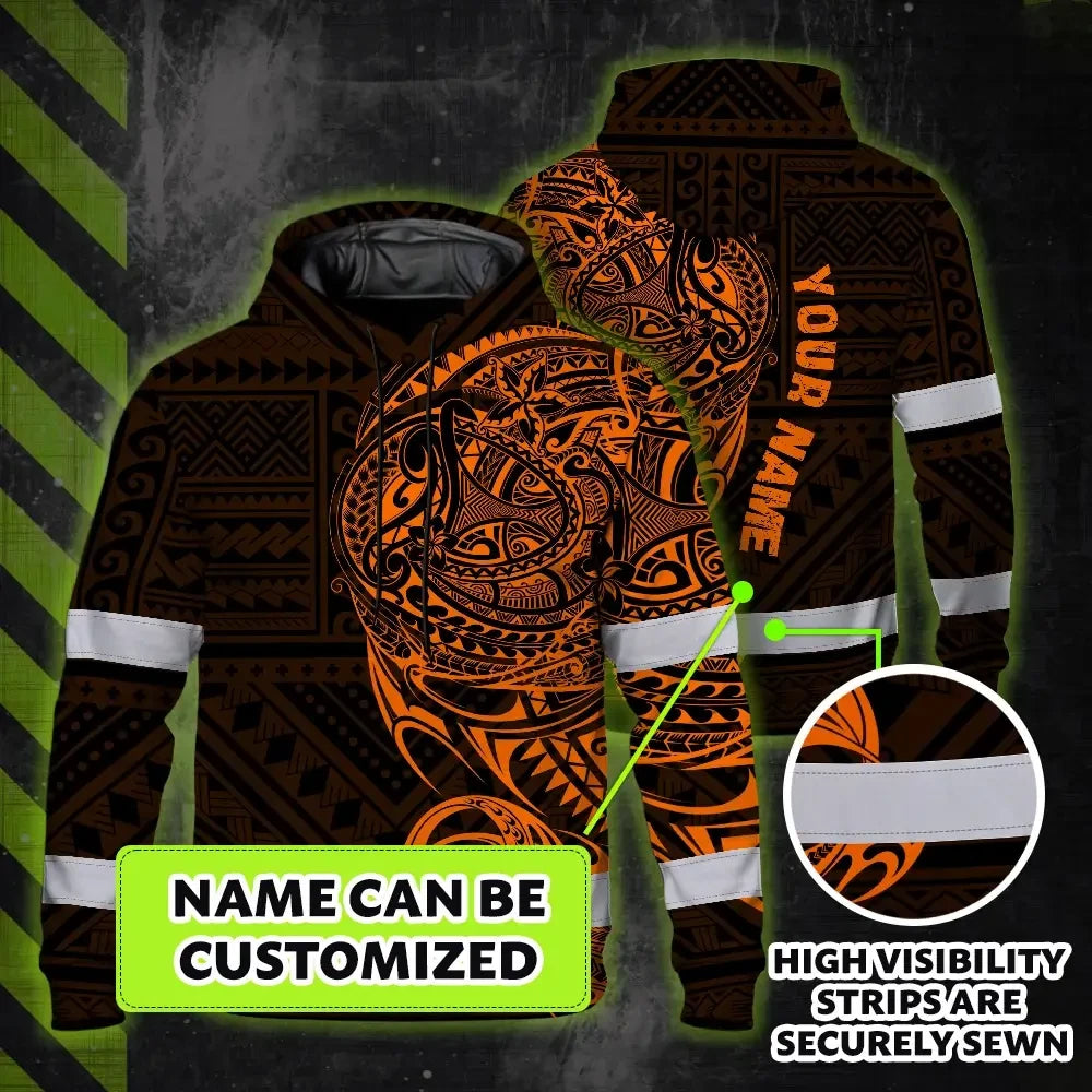 Hi Vis Hoodie Reflective Tapes Orange Neon Hawaiian Polynesian Tribal Custom Name Safety Workwear For Workers, Truckers, Operators