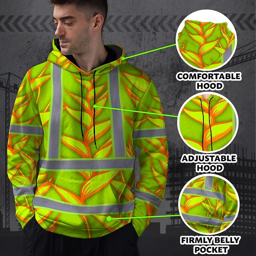 Hi Vis Hoodie Reflective Tapes Orange Neon Lime Heliconia Custom Name Safety Workwear For Workers, Truckers, Operators