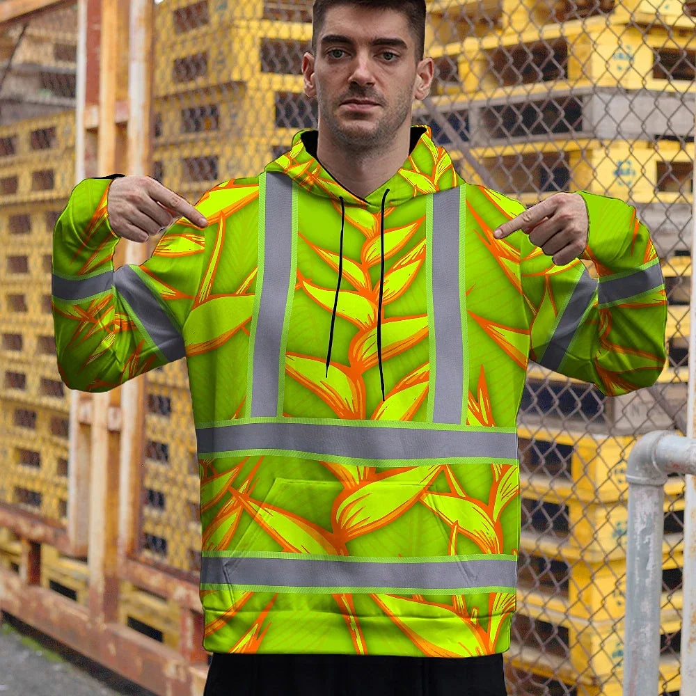 Hi Vis Hoodie Reflective Tapes Orange Neon Lime Heliconia Custom Name Safety Workwear For Workers, Truckers, Operators