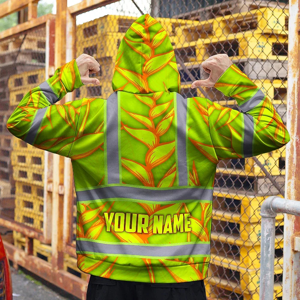 Hi Vis Hoodie Reflective Tapes Orange Neon Lime Heliconia Custom Name Safety Workwear For Workers, Truckers, Operators