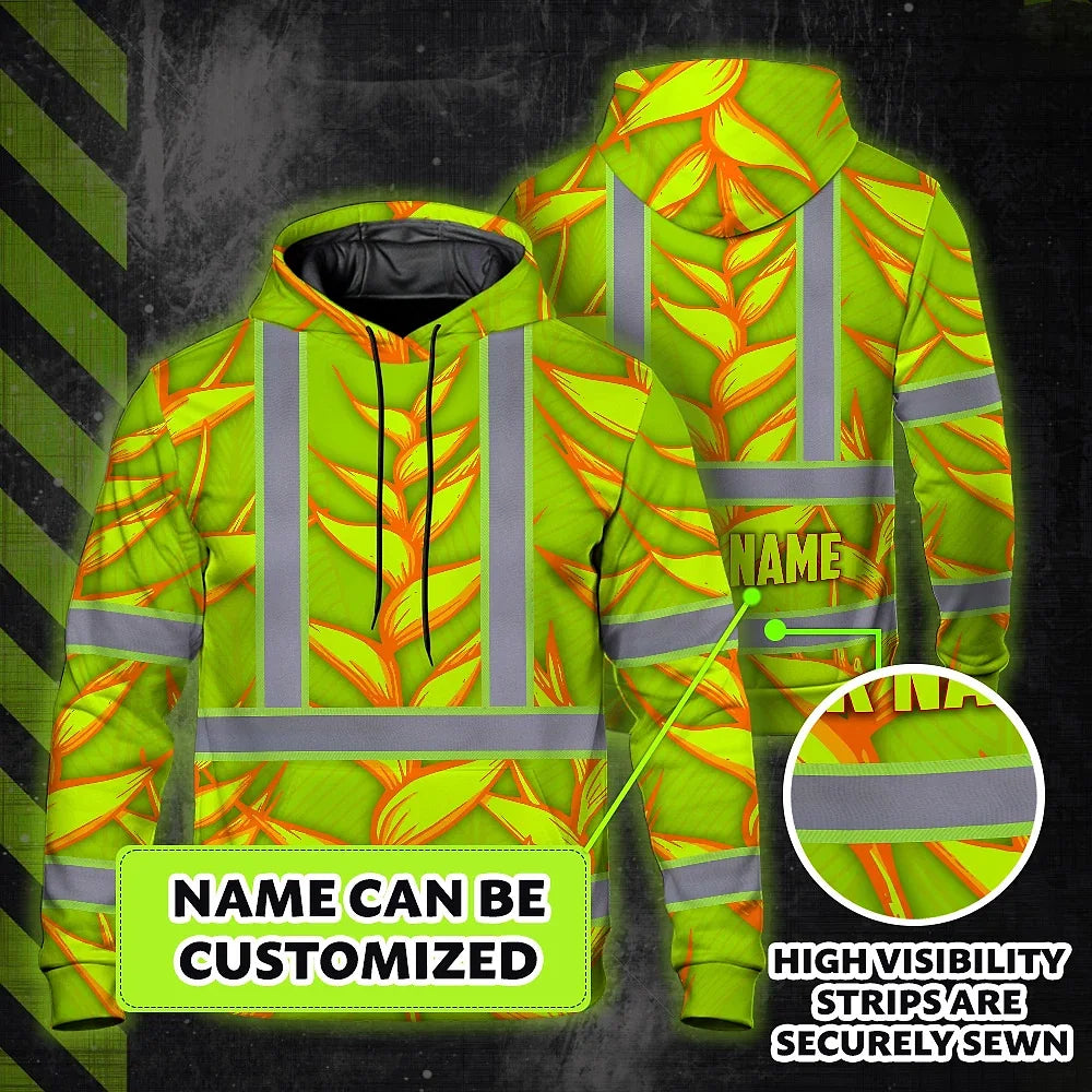 Hi Vis Hoodie Reflective Tapes Orange Neon Lime Heliconia Custom Name Safety Workwear For Workers, Truckers, Operators
