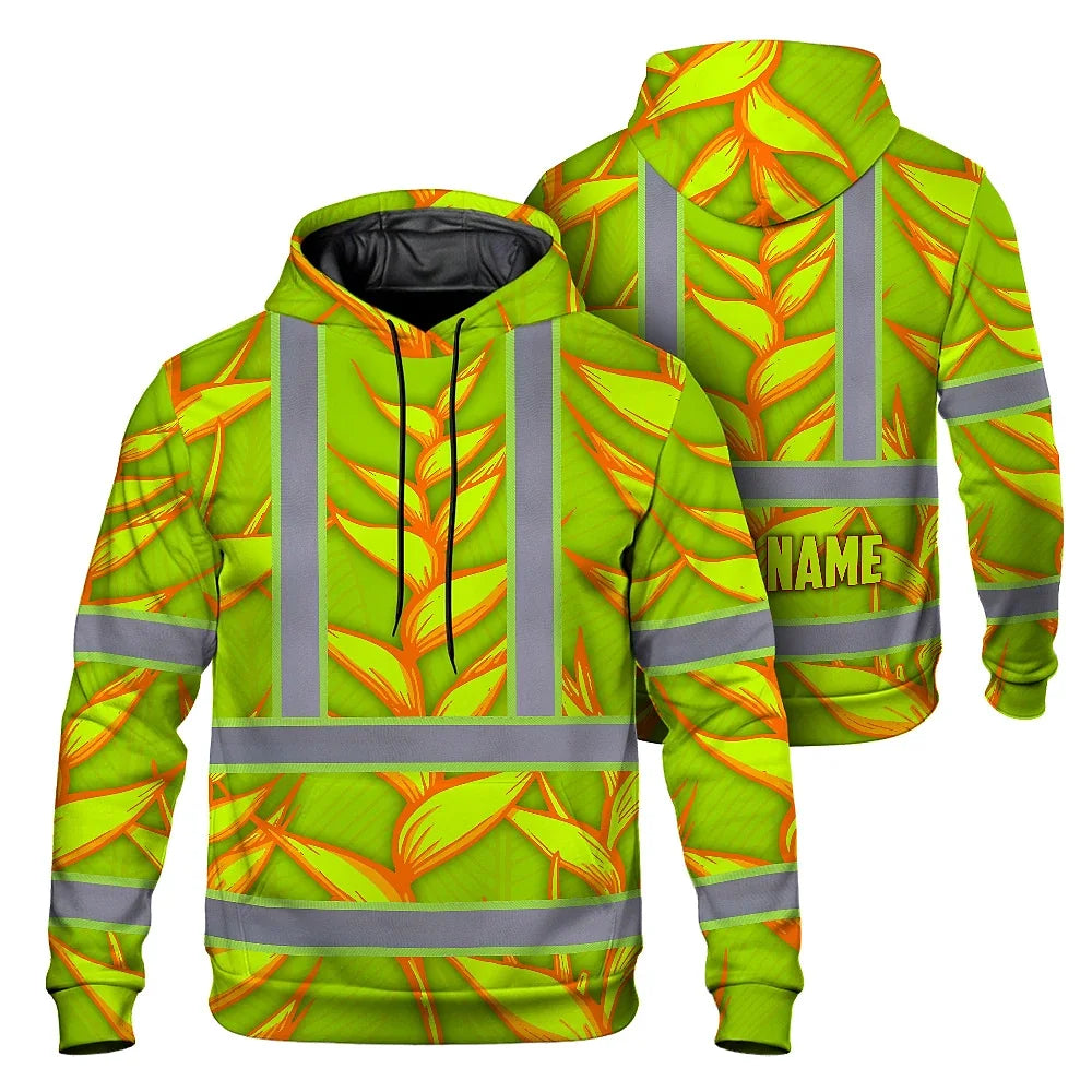 Hi Vis Hoodie Reflective Tapes Orange Neon Lime Heliconia Custom Name Safety Workwear For Workers, Truckers, Operators