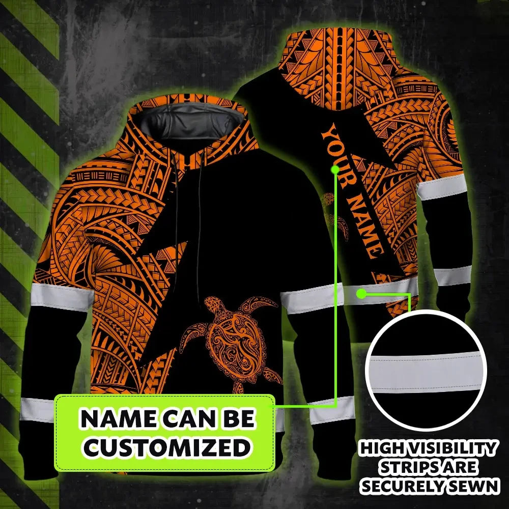 Hi Vis Hoodie Reflective Tapes Orange Neon Turtle Hawaii Custom Name Safety Workwear For Workers, Truckers, Operators