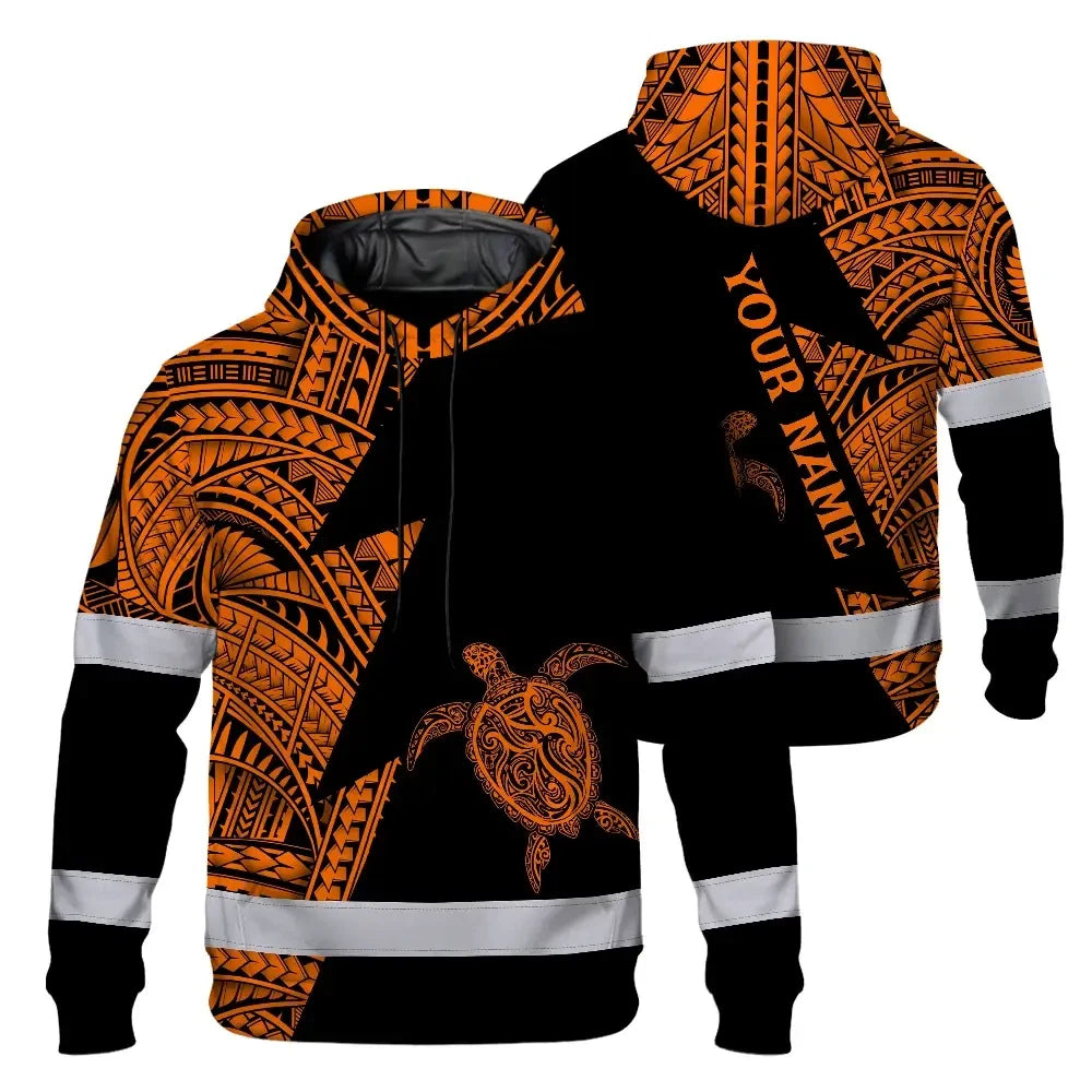 Hi Vis Hoodie Reflective Tapes Orange Neon Turtle Hawaii Custom Name Safety Workwear For Workers, Truckers, Operators