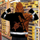 Hi Vis Hoodie Reflective Tapes Orange Neon Turtle Hawaii Custom Name Safety Workwear For Workers, Truckers, Operators