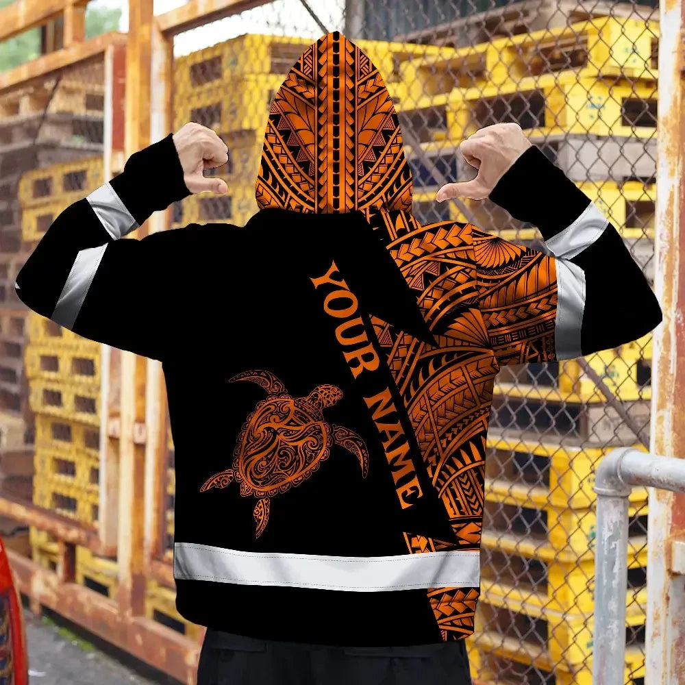 Hi Vis Hoodie Reflective Tapes Orange Neon Turtle Hawaii Custom Name Safety Workwear For Workers, Truckers, Operators