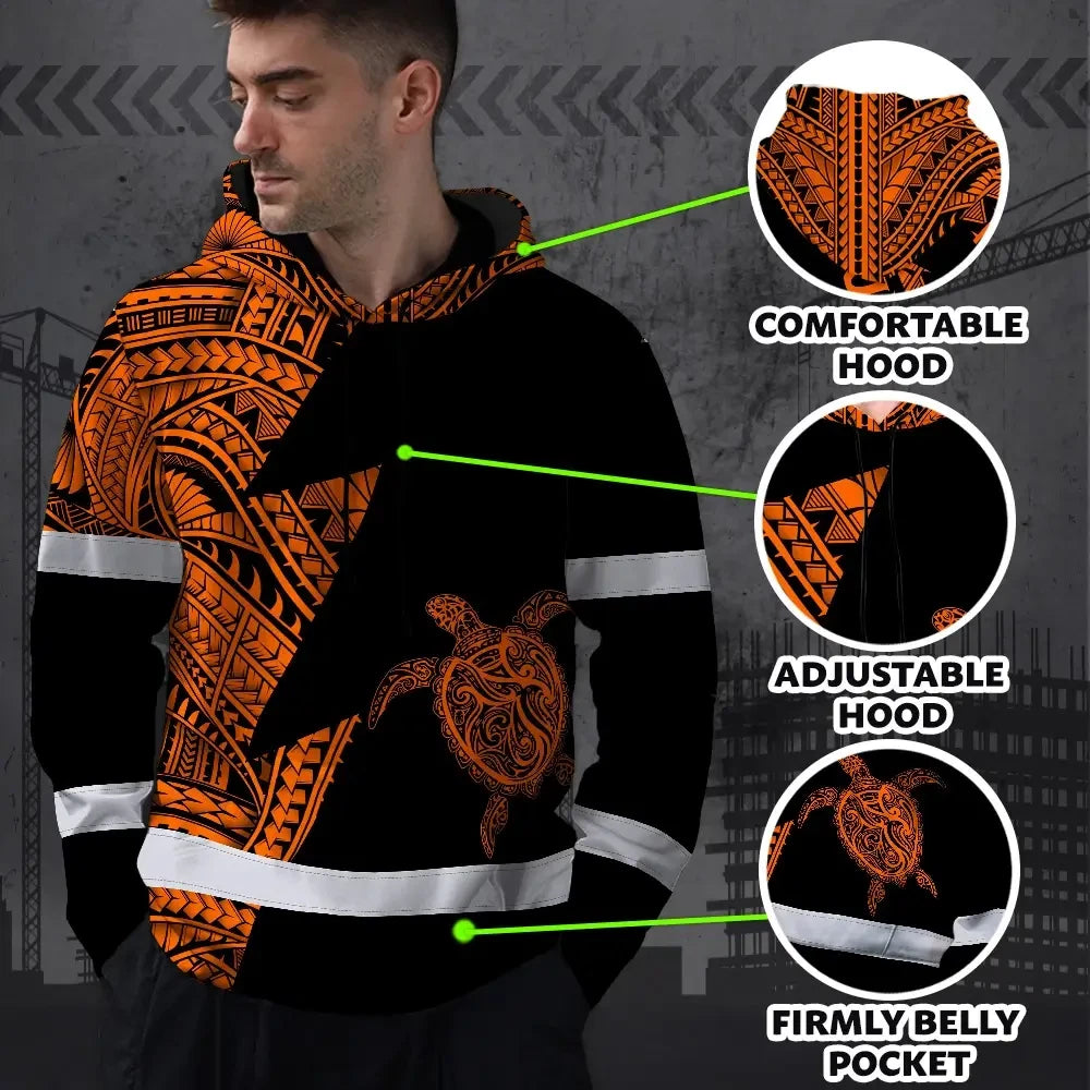 Hi Vis Hoodie Reflective Tapes Orange Neon Turtle Hawaii Custom Name Safety Workwear For Workers, Truckers, Operators