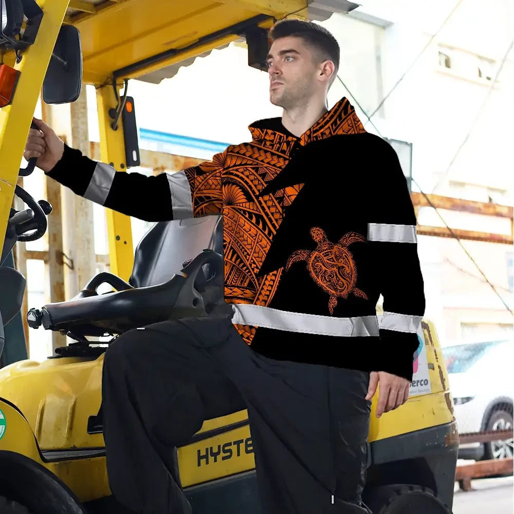 Hi Vis Hoodie Reflective Tapes Orange Neon Turtle Hawaii Custom Name Safety Workwear For Workers, Truckers, Operators