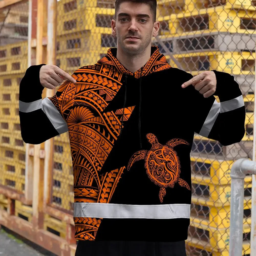 Hi Vis Hoodie Reflective Tapes Orange Neon Turtle Hawaii Custom Name Safety Workwear For Workers, Truckers, Operators