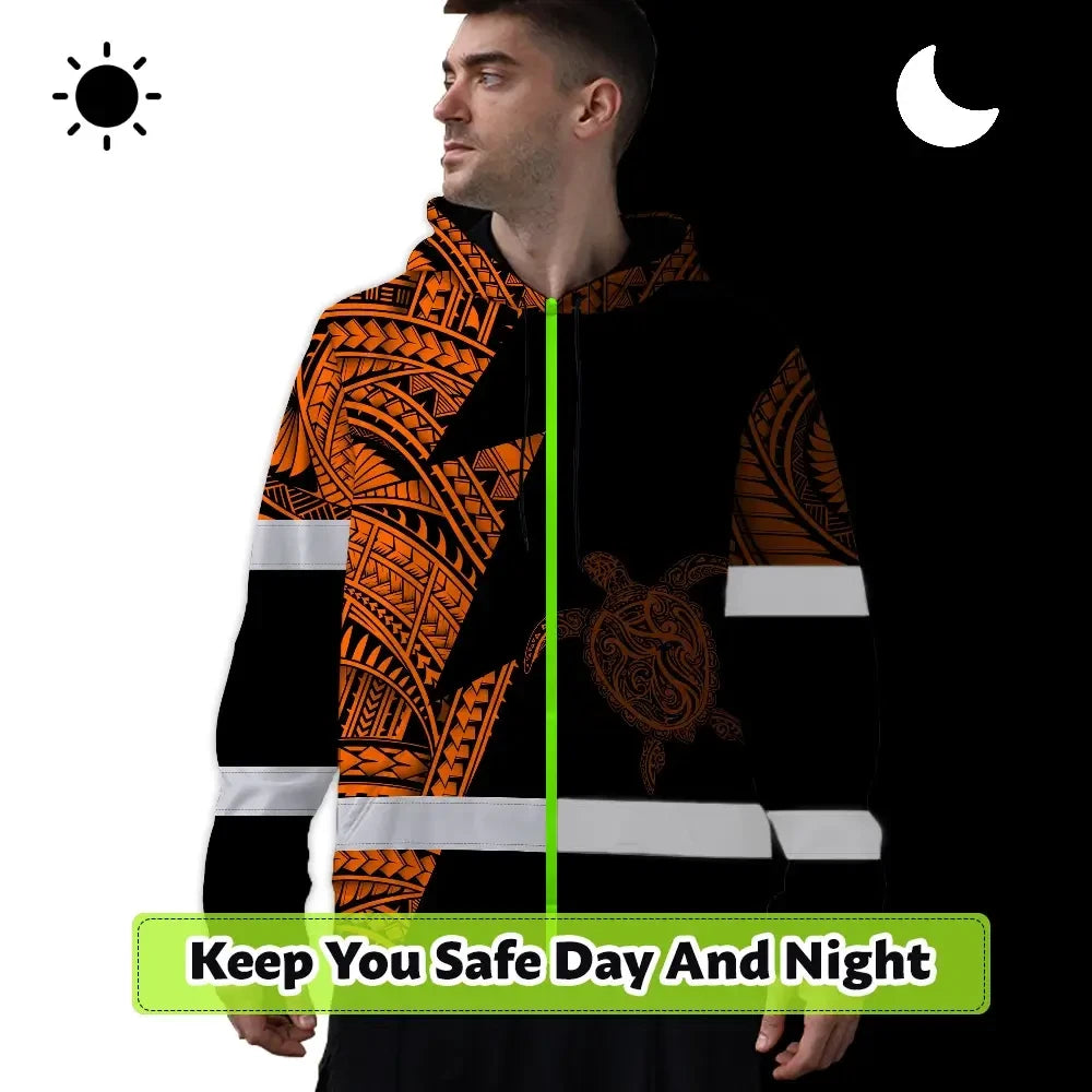 Hi Vis Hoodie Reflective Tapes Orange Neon Turtle Hawaii Custom Name Safety Workwear For Workers, Truckers, Operators