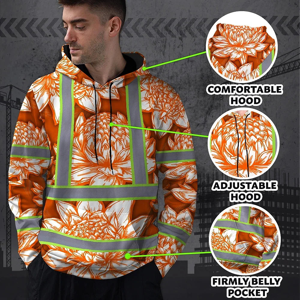 Hi Vis Hoodie Reflective Tapes Orange Neon White Protea Custom Name Safety Workwear For Workers, Truckers, Operators