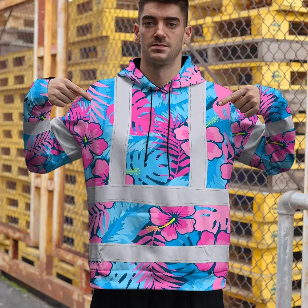 Hi Vis Hoodie Reflective Tapes Pink Neon And Blue Flowers Custom Name Safety Workwear For Workers, Truckers, Operators