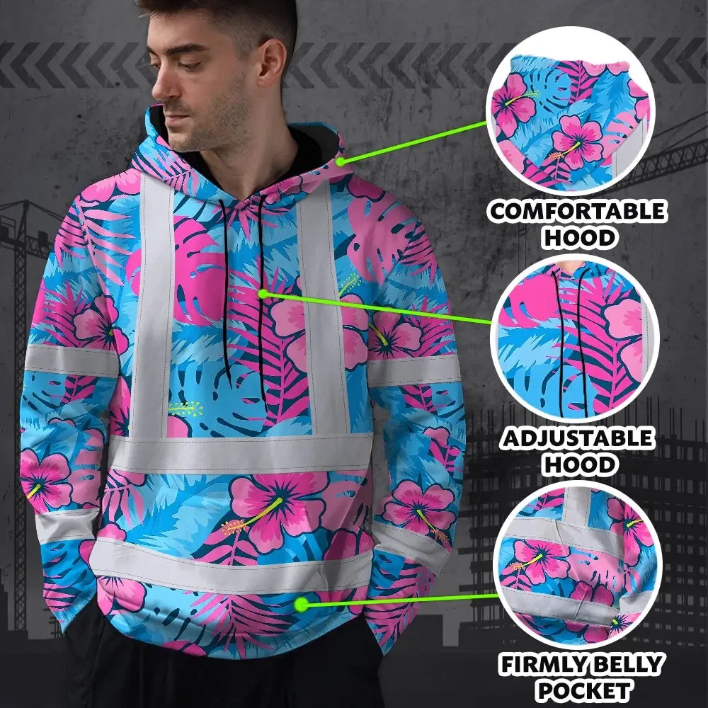 Hi Vis Hoodie Reflective Tapes Pink Neon And Blue Flowers Custom Name Safety Workwear For Workers, Truckers, Operators