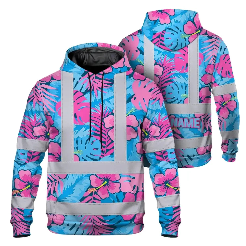 Hi Vis Hoodie Reflective Tapes Pink Neon And Blue Flowers Custom Name Safety Workwear For Workers, Truckers, Operators