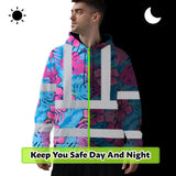 Hi Vis Hoodie Reflective Tapes Pink Neon And Blue Flowers Custom Name Safety Workwear For Workers, Truckers, Operators
