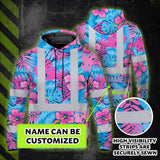 Hi Vis Hoodie Reflective Tapes Pink Neon And Blue Flowers Custom Name Safety Workwear For Workers, Truckers, Operators