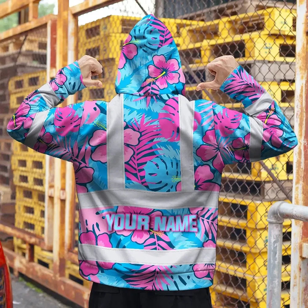 Hi Vis Hoodie Reflective Tapes Pink Neon And Blue Flowers Custom Name Safety Workwear For Workers, Truckers, Operators