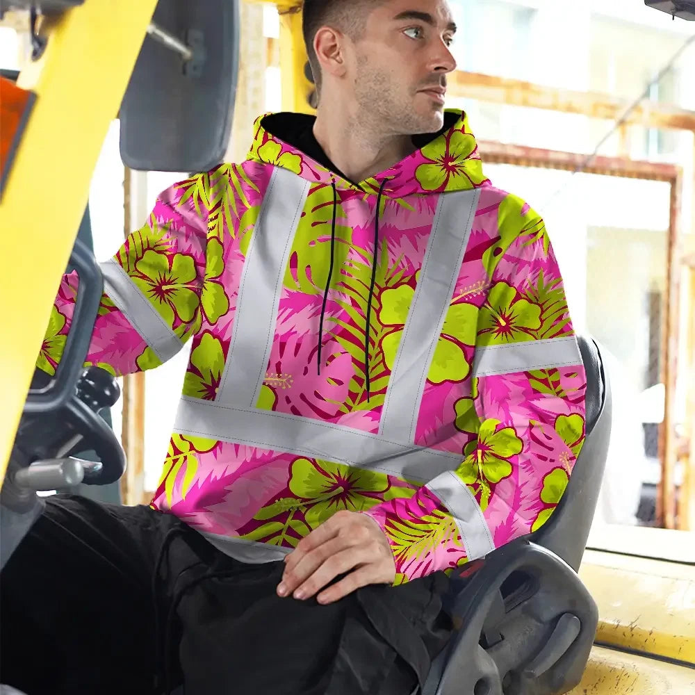 Hi Vis Hoodie Reflective Tapes Pink Neon And Lime Flowers Custom Name Safety Workwear For Workers, Truckers, Operators