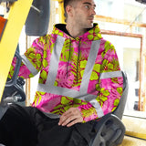 Hi Vis Hoodie Reflective Tapes Pink Neon And Lime Flowers Custom Name Safety Workwear For Workers, Truckers, Operators