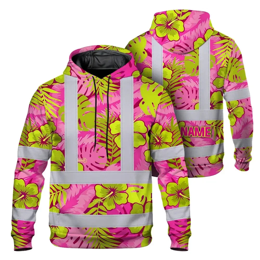Hi Vis Hoodie Reflective Tapes Pink Neon And Lime Flowers Custom Name Safety Workwear For Workers, Truckers, Operators