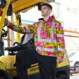 Hi Vis Hoodie Reflective Tapes Pink Neon And Lime Flowers Custom Name Safety Workwear For Workers, Truckers, Operators
