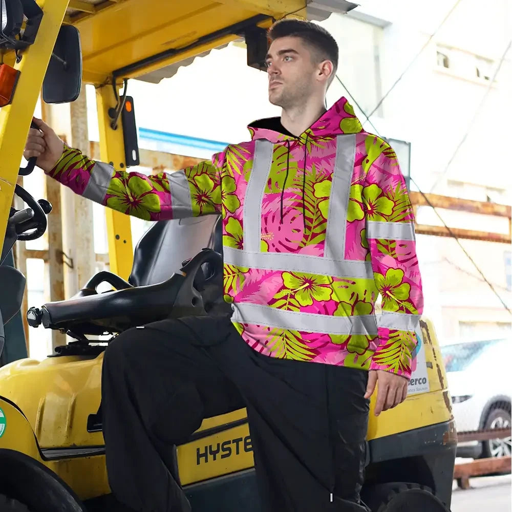 Hi Vis Hoodie Reflective Tapes Pink Neon And Lime Flowers Custom Name Safety Workwear For Workers, Truckers, Operators