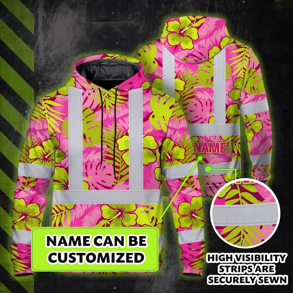 Hi Vis Hoodie Reflective Tapes Pink Neon And Lime Flowers Custom Name Safety Workwear For Workers, Truckers, Operators