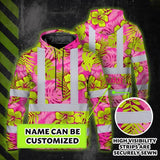 Hi Vis Hoodie Reflective Tapes Pink Neon And Lime Flowers Custom Name Safety Workwear For Workers, Truckers, Operators