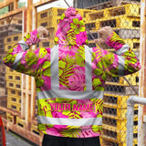 Hi Vis Hoodie Reflective Tapes Pink Neon And Lime Flowers Custom Name Safety Workwear For Workers, Truckers, Operators