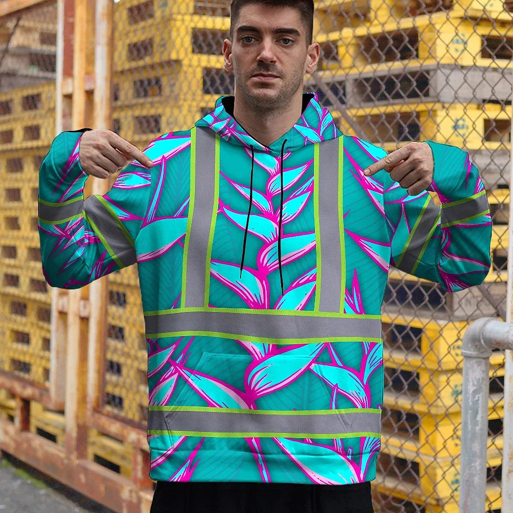 Hi Vis Hoodie Reflective Tapes Pink Neon Blue Heliconia Custom Name Safety Workwear For Workers, Truckers, Operators