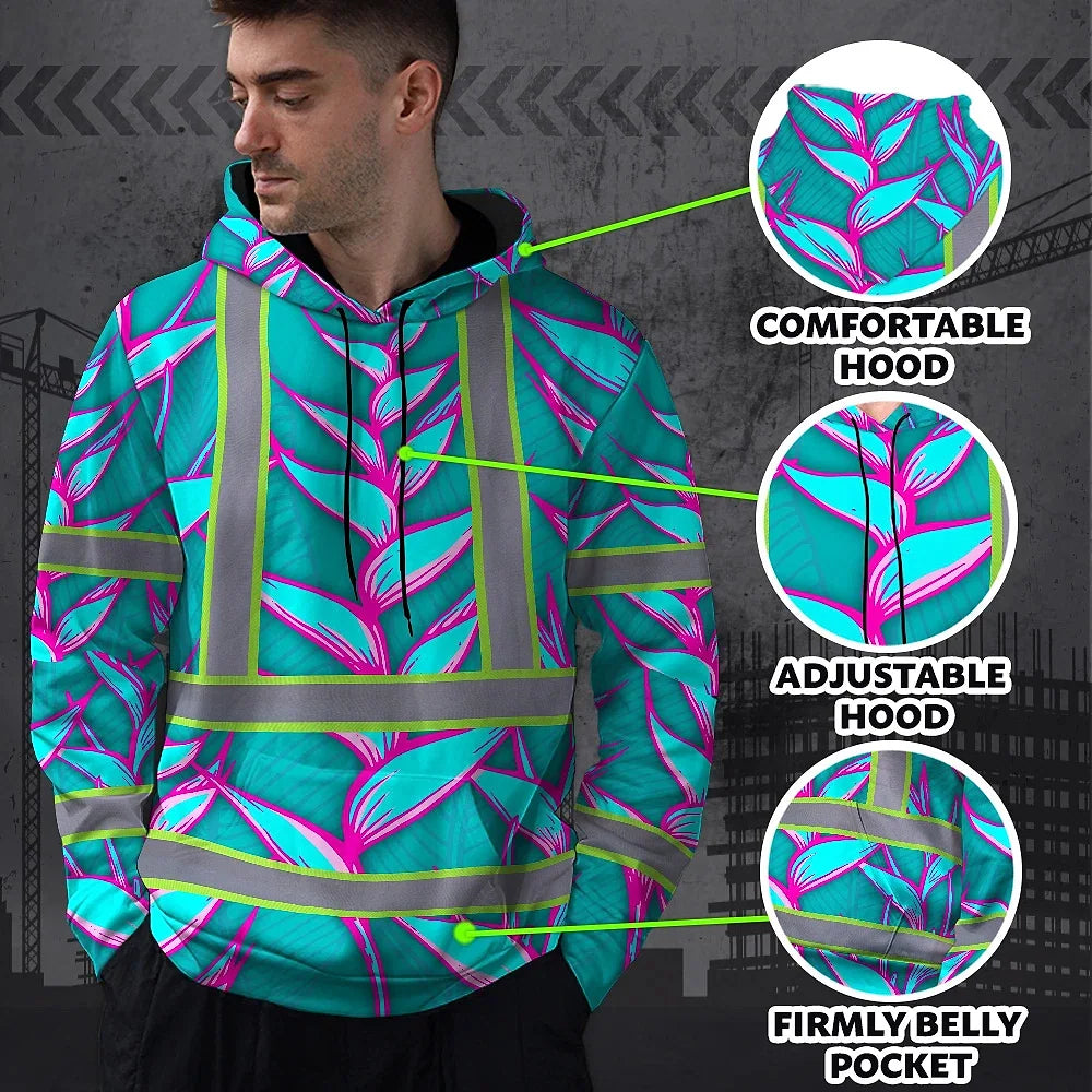Hi Vis Hoodie Reflective Tapes Pink Neon Blue Heliconia Custom Name Safety Workwear For Workers, Truckers, Operators