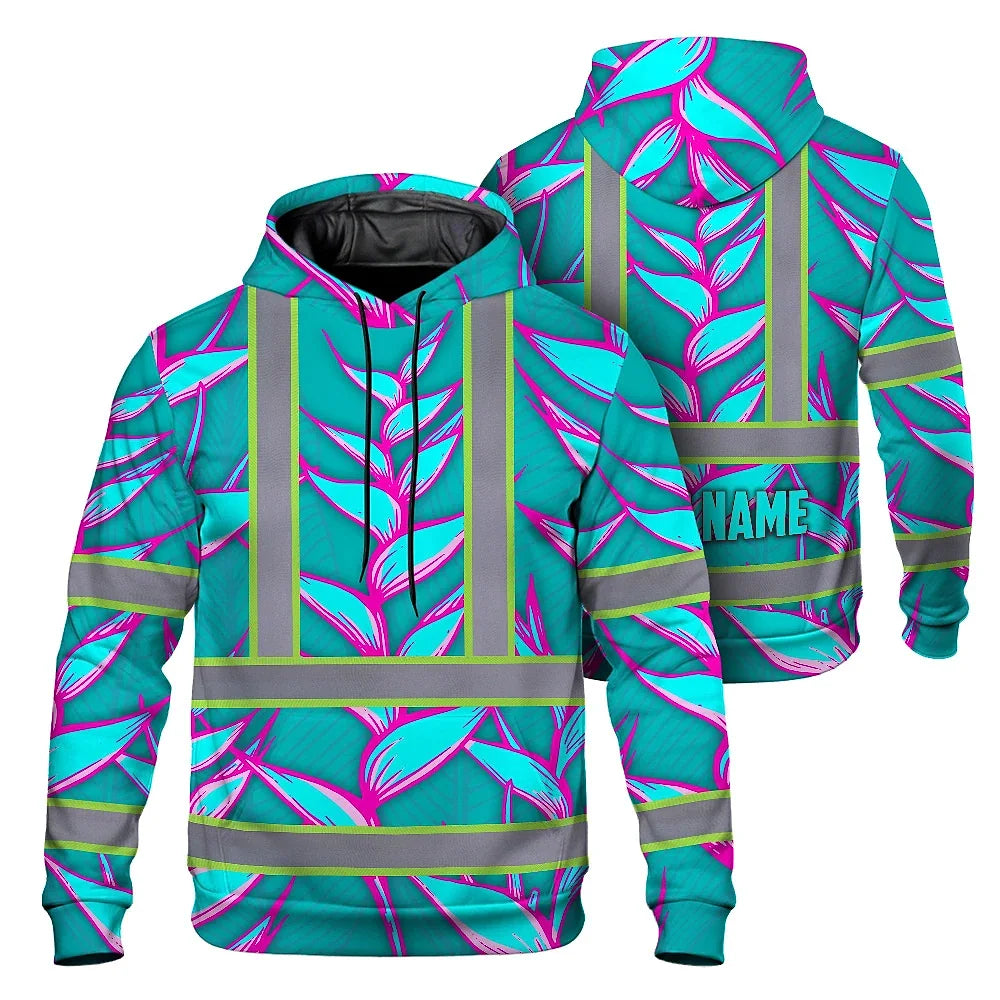 Hi Vis Hoodie Reflective Tapes Pink Neon Blue Heliconia Custom Name Safety Workwear For Workers, Truckers, Operators