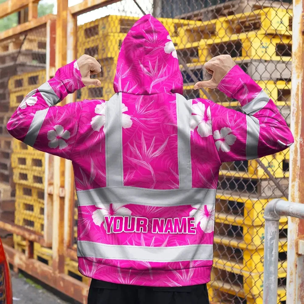Hi Vis Hoodie Reflective Tapes Pink Neon Flowers Custom Name Safety Workwear For Workers, Truckers, Operators