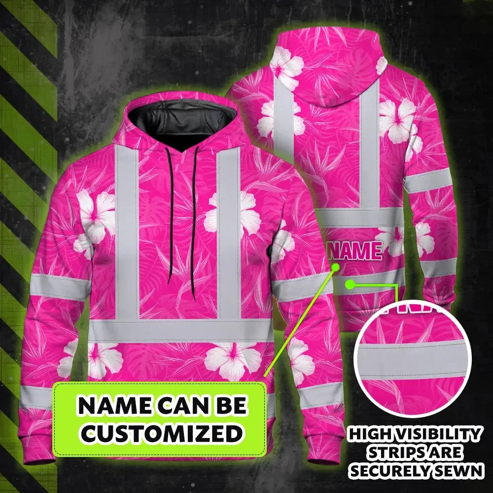 Hi Vis Hoodie Reflective Tapes Pink Neon Flowers Custom Name Safety Workwear For Workers, Truckers, Operators