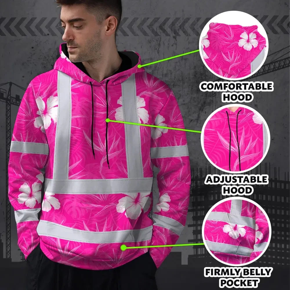 Hi Vis Hoodie Reflective Tapes Pink Neon Flowers Custom Name Safety Workwear For Workers, Truckers, Operators
