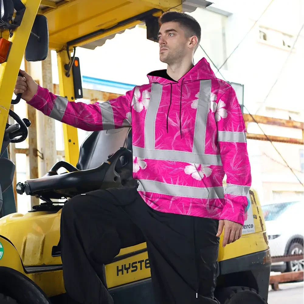 Hi Vis Hoodie Reflective Tapes Pink Neon Flowers Custom Name Safety Workwear For Workers, Truckers, Operators