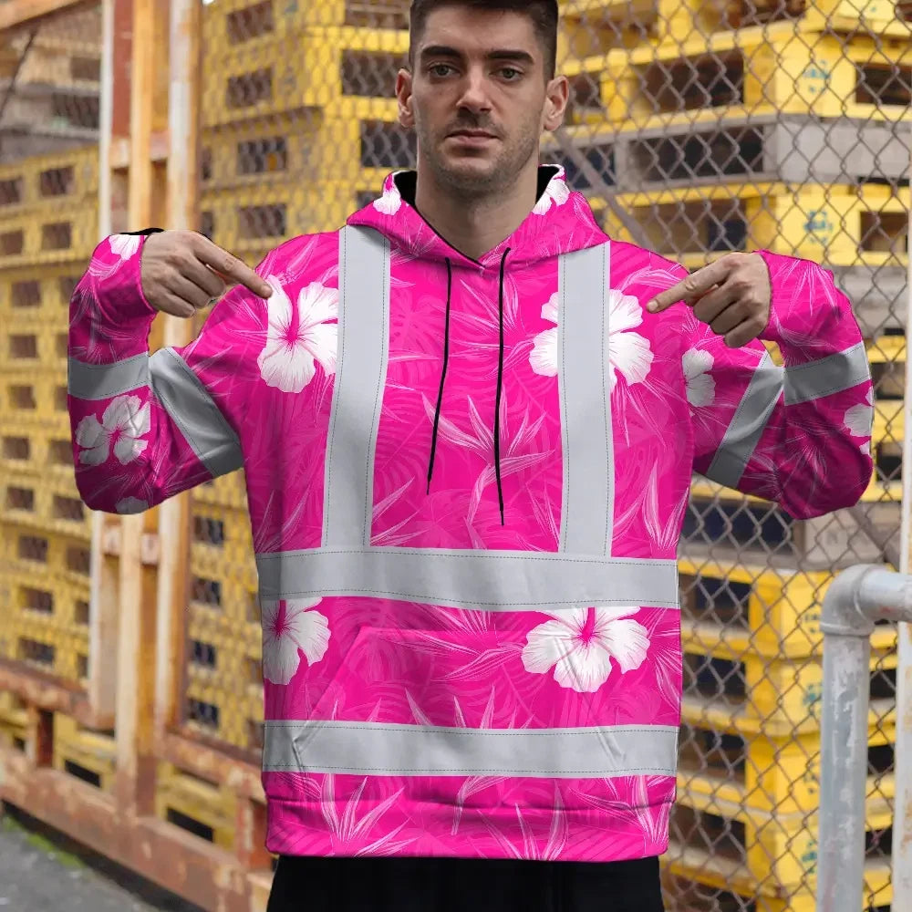 Hi Vis Hoodie Reflective Tapes Pink Neon Flowers Custom Name Safety Workwear For Workers, Truckers, Operators