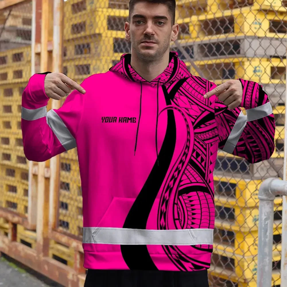 Hi Vis Hoodie Reflective Tapes Pink Neon Hawaii Custom Name Safety Workwear For Workers, Truckers, Operators