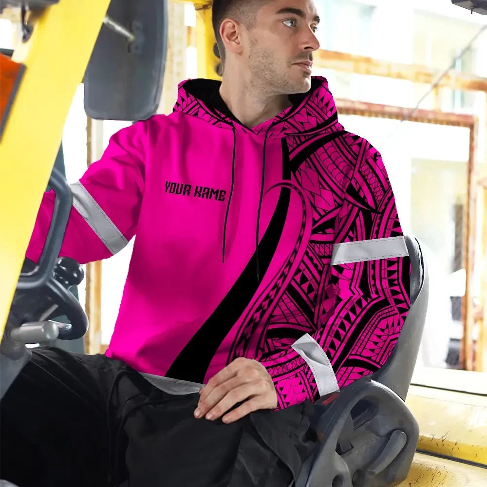 Hi Vis Hoodie Reflective Tapes Pink Neon Hawaii Custom Name Safety Workwear For Workers, Truckers, Operators
