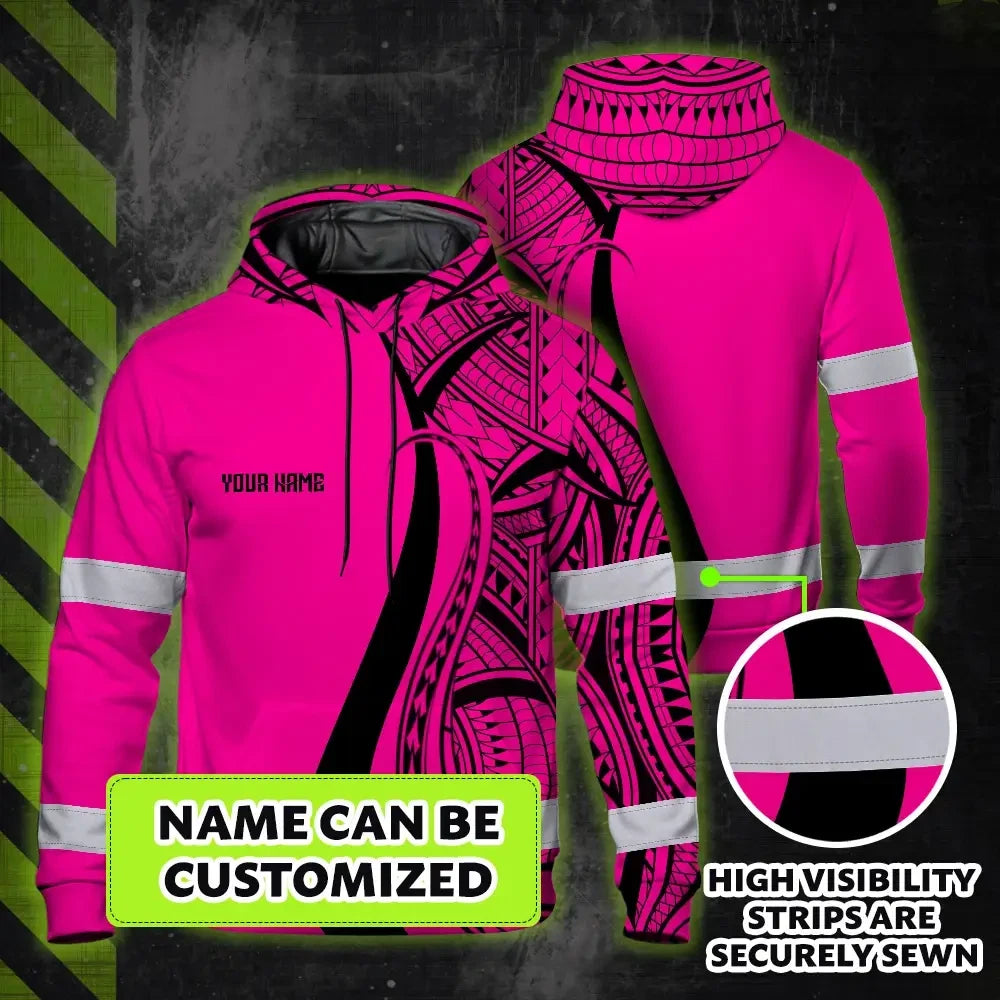 Hi Vis Hoodie Reflective Tapes Pink Neon Hawaii Custom Name Safety Workwear For Workers, Truckers, Operators
