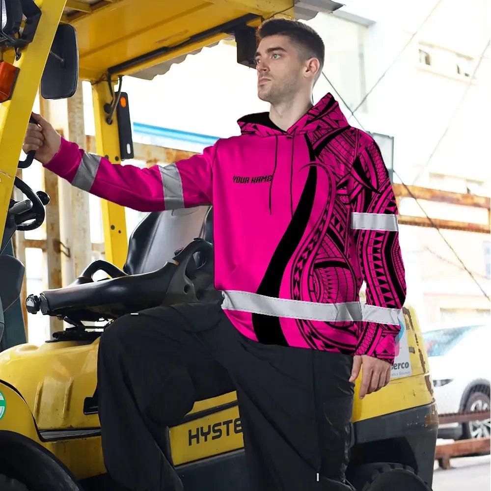 Hi Vis Hoodie Reflective Tapes Pink Neon Hawaii Custom Name Safety Workwear For Workers, Truckers, Operators