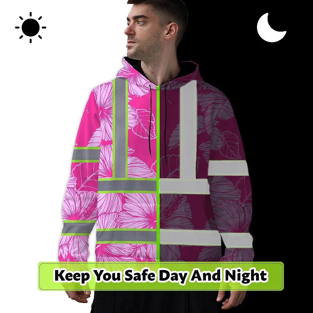 Hi Vis Hoodie Reflective Tapes Pink Neon Hibiscus Custom Name Safety Workwear For Workers, Truckers, Operators