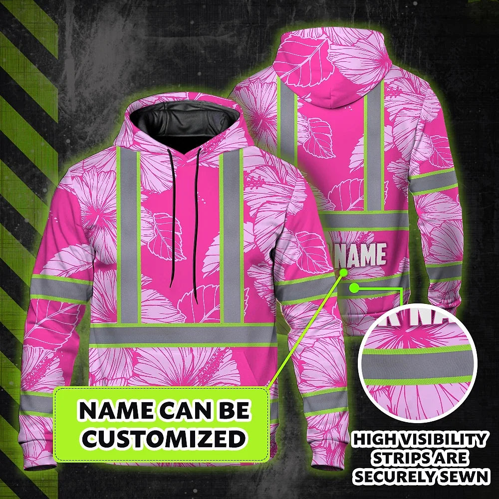 Hi Vis Hoodie Reflective Tapes Pink Neon Hibiscus Custom Name Safety Workwear For Workers, Truckers, Operators