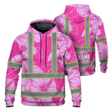 Hi Vis Hoodie Reflective Tapes Pink Neon Hibiscus Custom Name Safety Workwear For Workers, Truckers, Operators