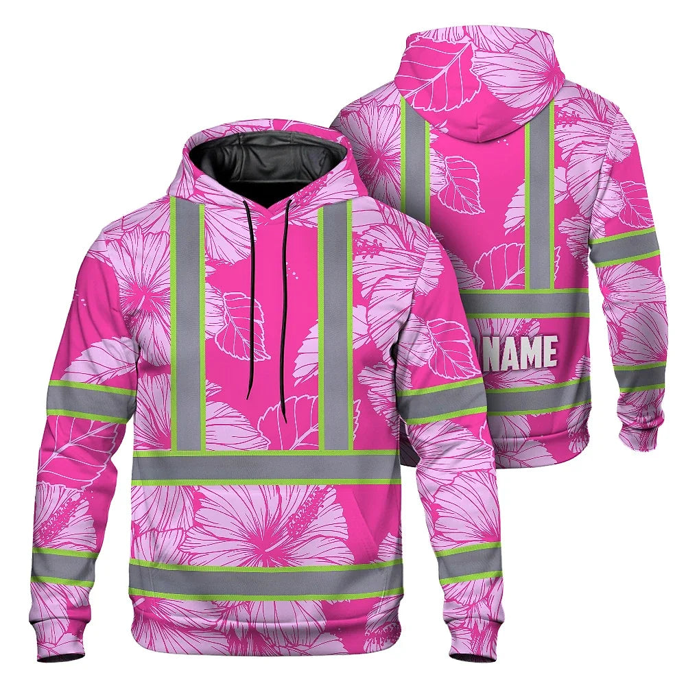 Hi Vis Hoodie Reflective Tapes Pink Neon Hibiscus Custom Name Safety Workwear For Workers, Truckers, Operators