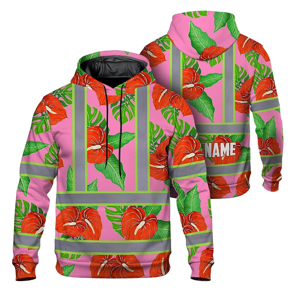 Hi Vis Hoodie Reflective Tapes Pink Neon Red Anthurium Custom Name Safety Workwear For Workers, Truckers, Operators