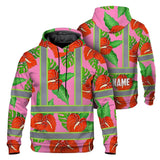 Hi Vis Hoodie Reflective Tapes Pink Neon Red Anthurium Custom Name Safety Workwear For Workers, Truckers, Operators