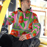 Hi Vis Hoodie Reflective Tapes Pink Neon Red Anthurium Custom Name Safety Workwear For Workers, Truckers, Operators